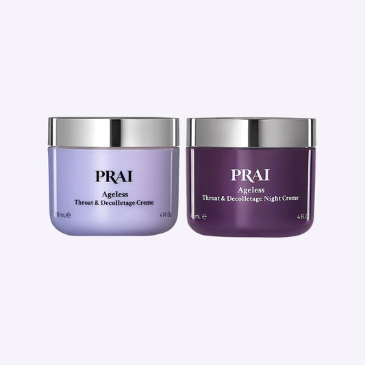 PRAI Ageless 2-Piece Throat & Decolletage Day and Night Cream set with day and night formulations in white packaging