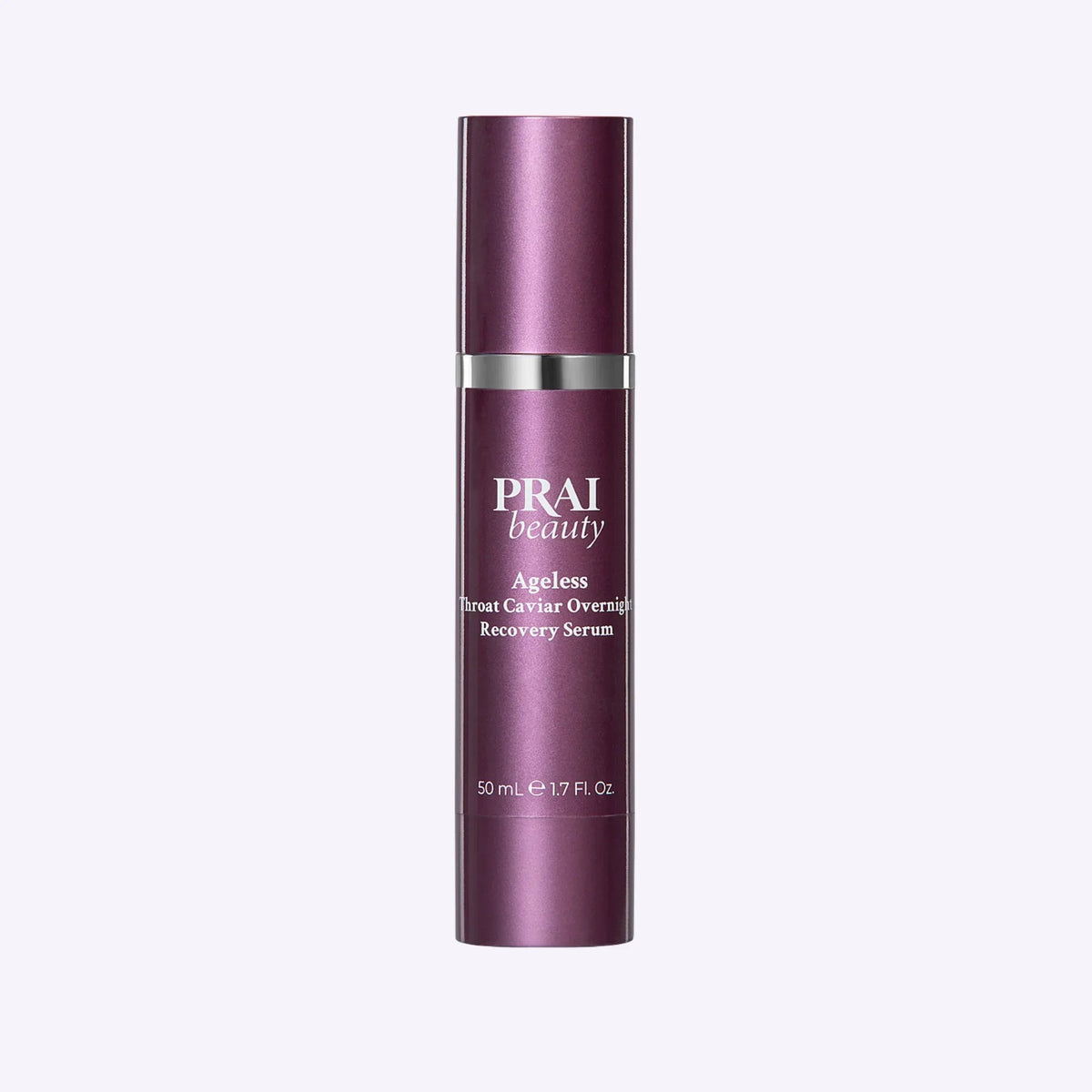Bottle of PRAI Beauty Ageless Throat Caviar Overnight Recovery Serum with gold and black label