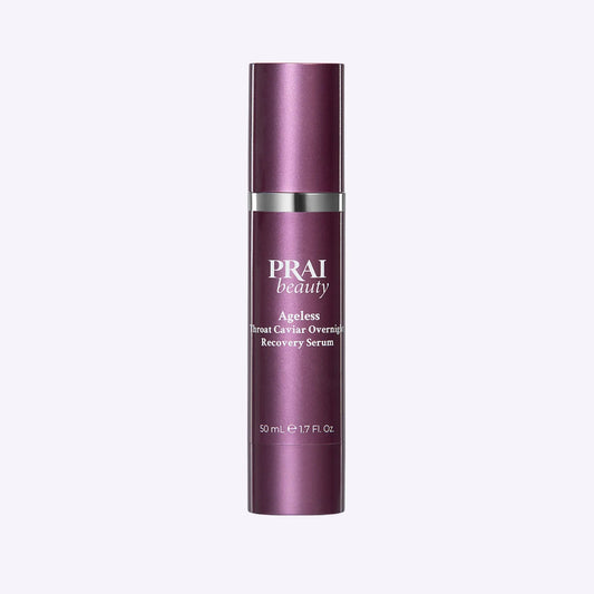 Bottle of PRAI Beauty Ageless Throat Caviar Overnight Recovery Serum with gold and black label