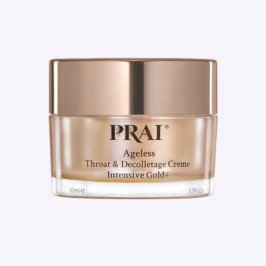 PRAI Beauty Ageless Throat & Decolletage Creme Intensive Gold+ 50ml jar with gold lid on white background