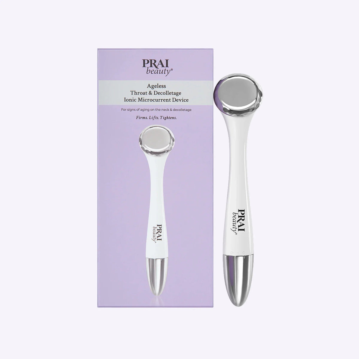 Ageless Throat & Decolletage Ionic Microcurrent Device by PRAI Beauty, shown handheld with sleek white design.