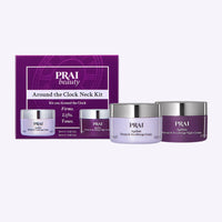 PRAI Beauty Around the Clock Neck Kit featuring two 0.5oz neck and decolletage creams in white jars with lids