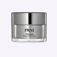 Jar of PRAI Beauty Platinum Firm & Lift Creme with silver and purple packaging