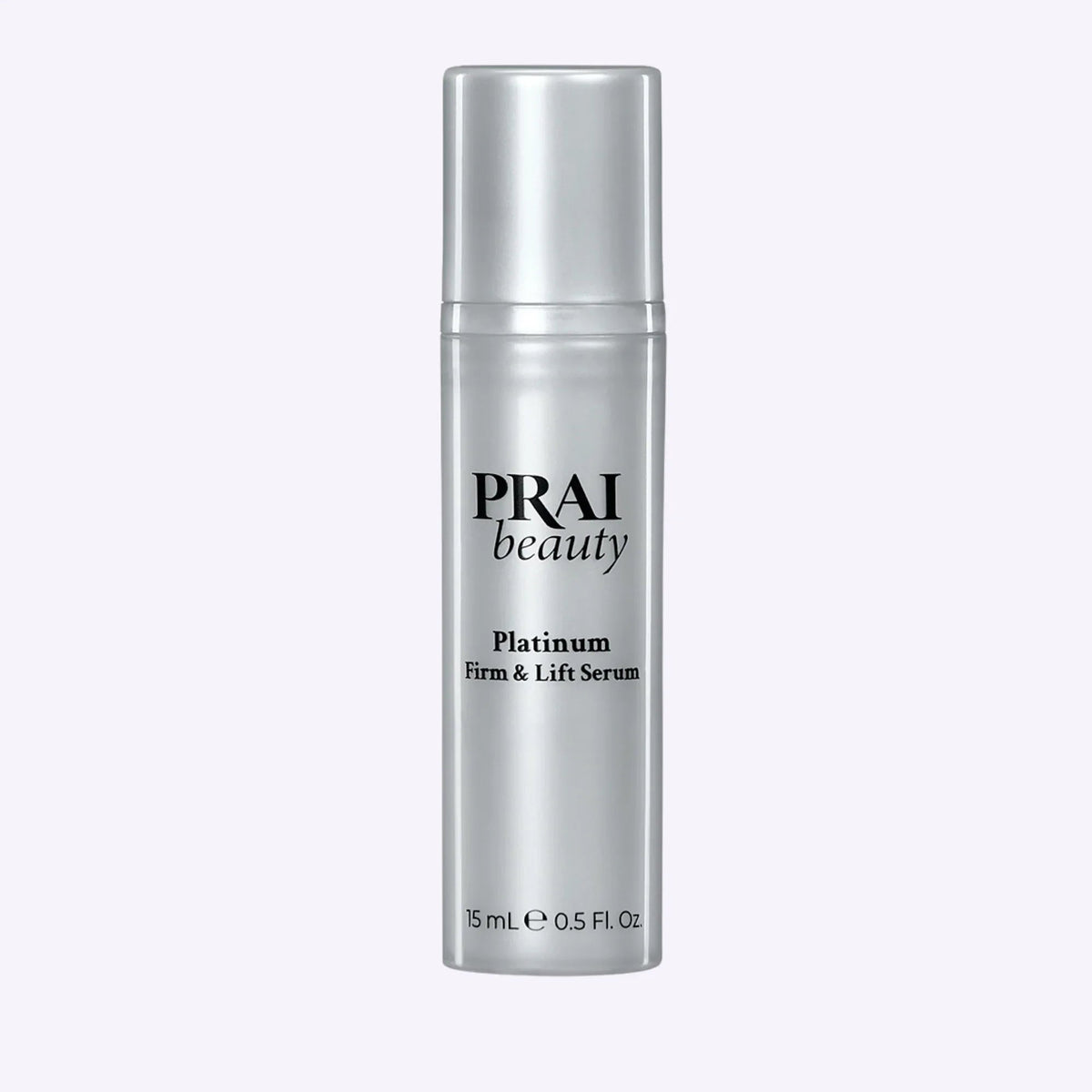 Compact PRAI Beauty Platinum Firm & Lift Serum 15ml bottle featuring elegant silver top and minimalist label.