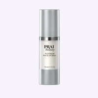 PRAI Beauty Platinum Firm & Lift Serum 30ml bottle shown with sleek silver cap and clear label.