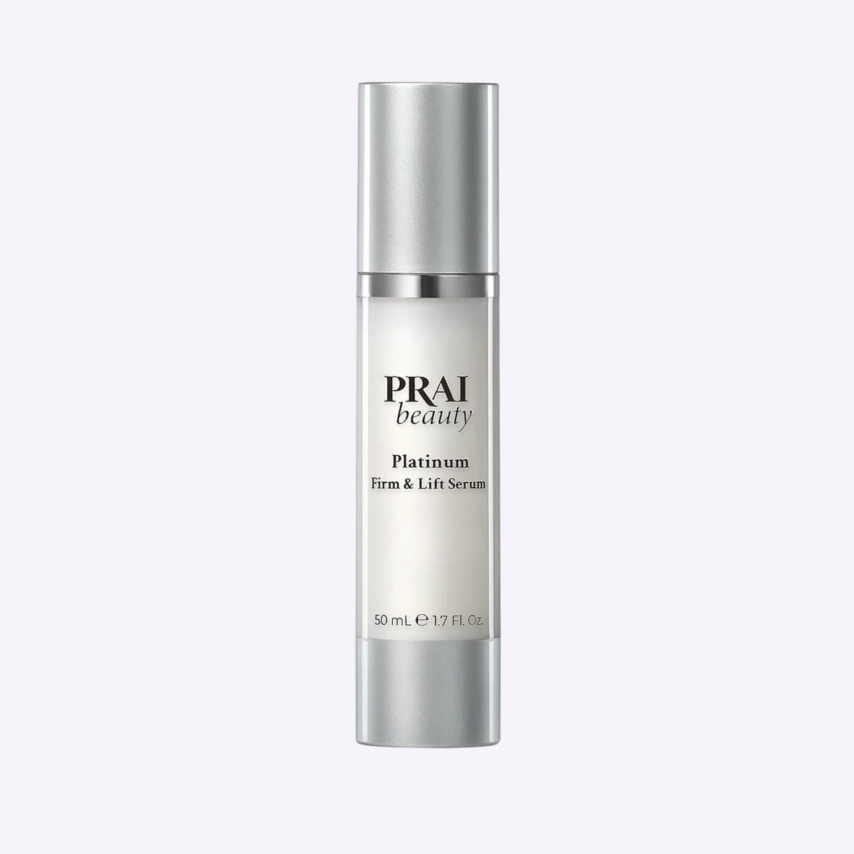 Bottle of PRAI Beauty Platinum Firm & Lift Serum 50ml with silver and white packaging on white background.