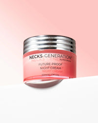 Open jar and creamy texture of PRAI Beauty Necks-Generation Future-Proof Night Cream on a soft background.