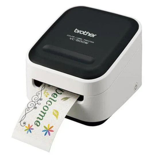 Brother VC-500W compact colour label printer showing front panel with labels printing