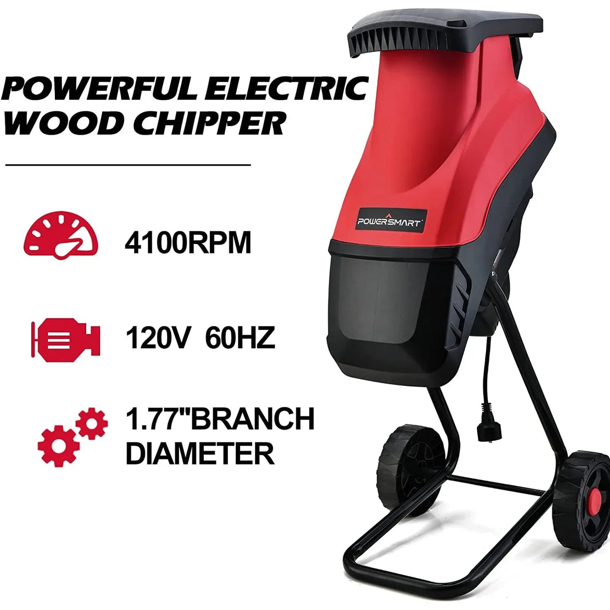 Electric wood chipper in use, chipping wood branches in outdoor garden environment.