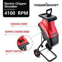 Wood chipper compact design showing handle and wheels for easy mobility.