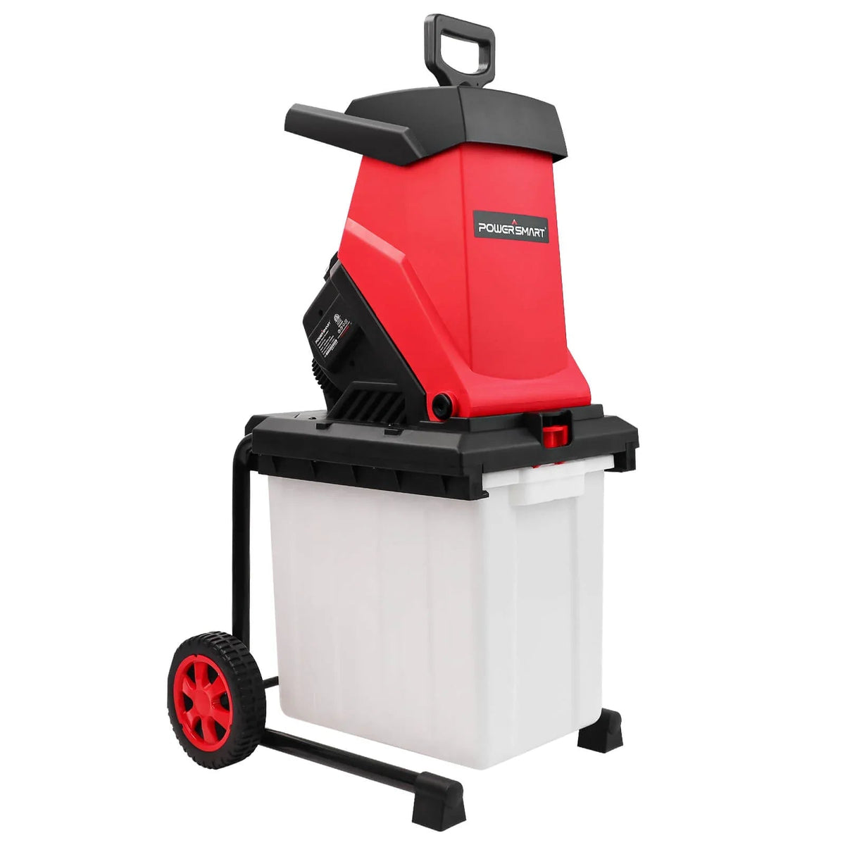 15Amp Electric Wood Chipper Leaf Mulcher with collection bin, shown from side on white background.