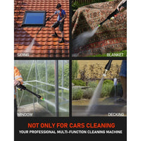 Pressure washer in use, cleaning a driveway with water spray visible.
