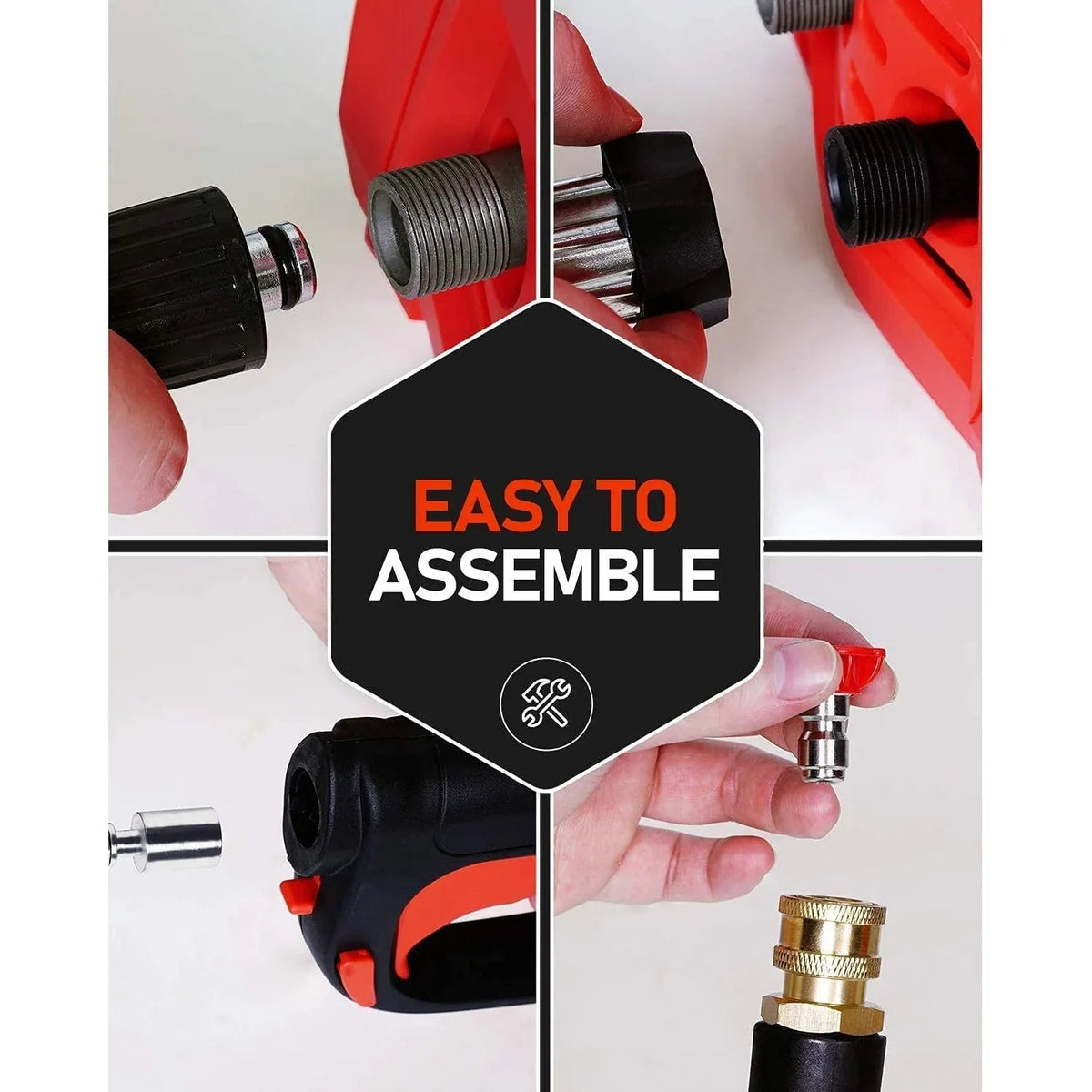 All five quick-connect nozzles displayed on a white surface for cleaning options.