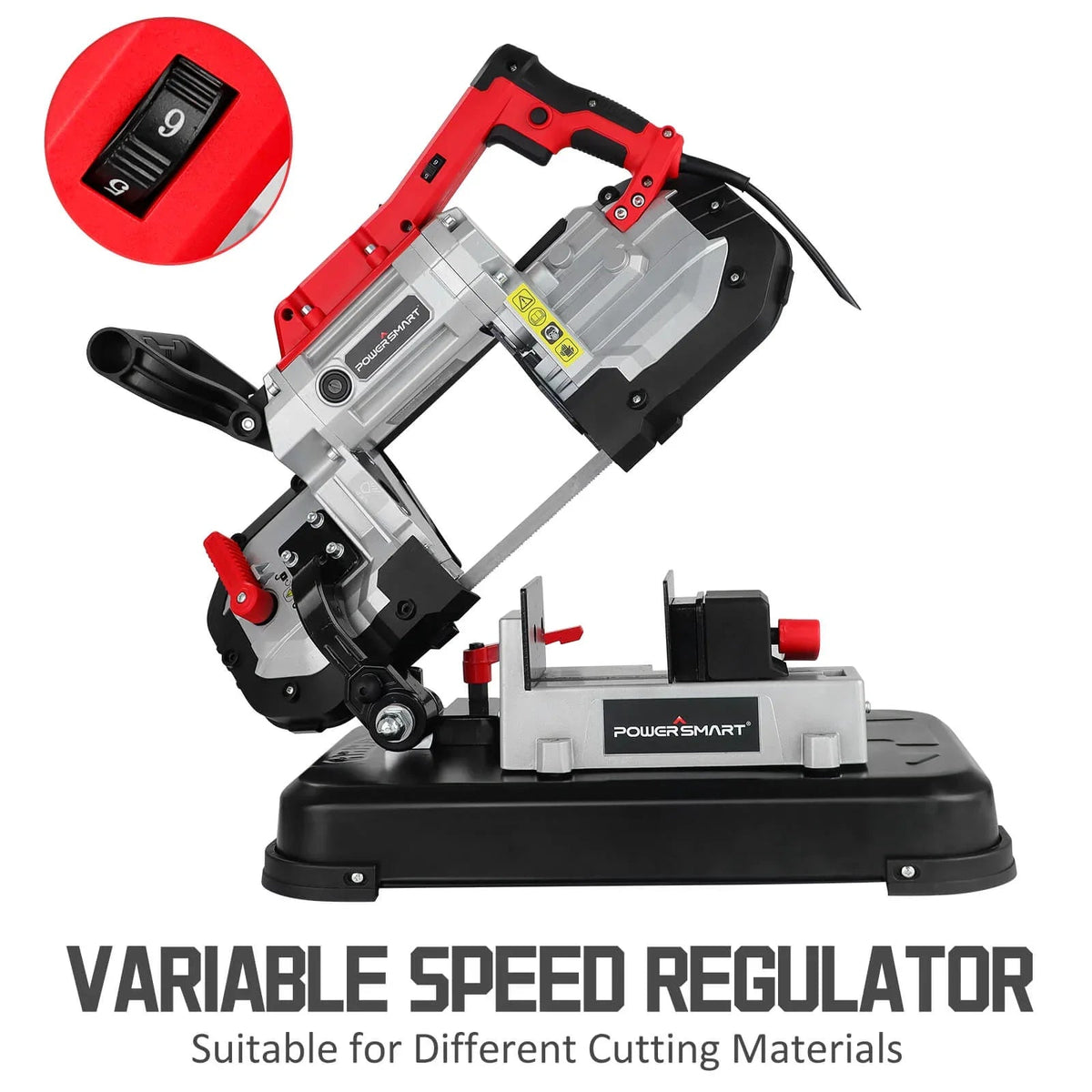Band saw cutting a piece of wood with adjustable blade guard and LED light on