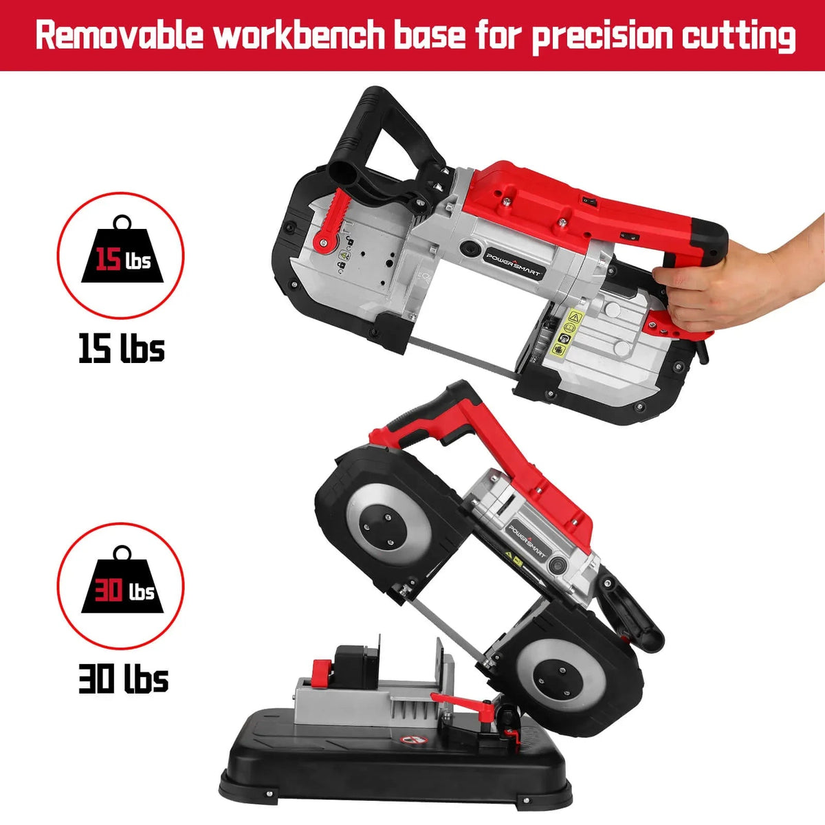 Band saw with LED light illuminating cutting area on a wood plank