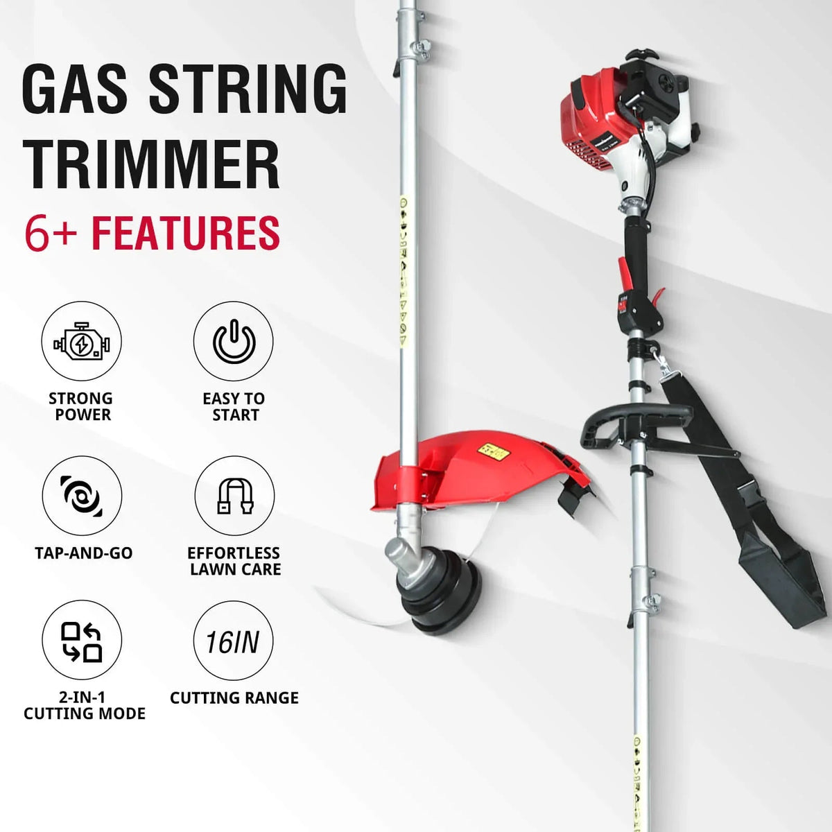 Gas string trimmer with telescoping shaft laid out on a white background.