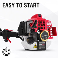 Trimmer head and cutting guard with easy-to-remove baffle visible for safety.