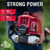 String trimmer leaning against a wall, showing entire unit and handle design.