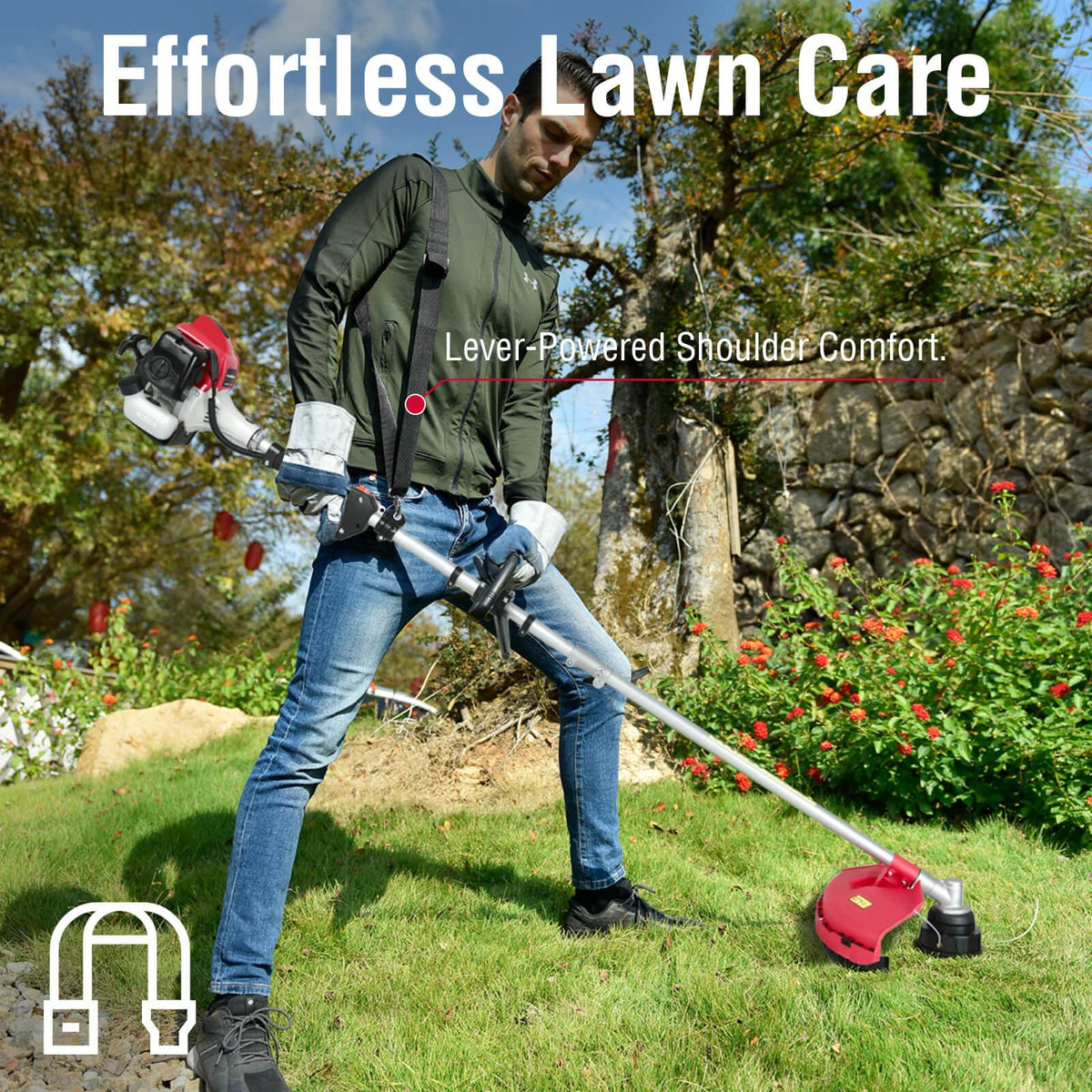 Gas lawn mower and string trimmer combo kit with red and black design, suitable for medium to large yards.