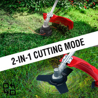 Gas string trimmer and edger with 16-inch cutting width and ergonomic handle, suitable for yard maintenance.