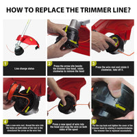 Gas-powered string trimmer and edger with a 16-inch cutting width, featuring a sturdy handle and safety guard.