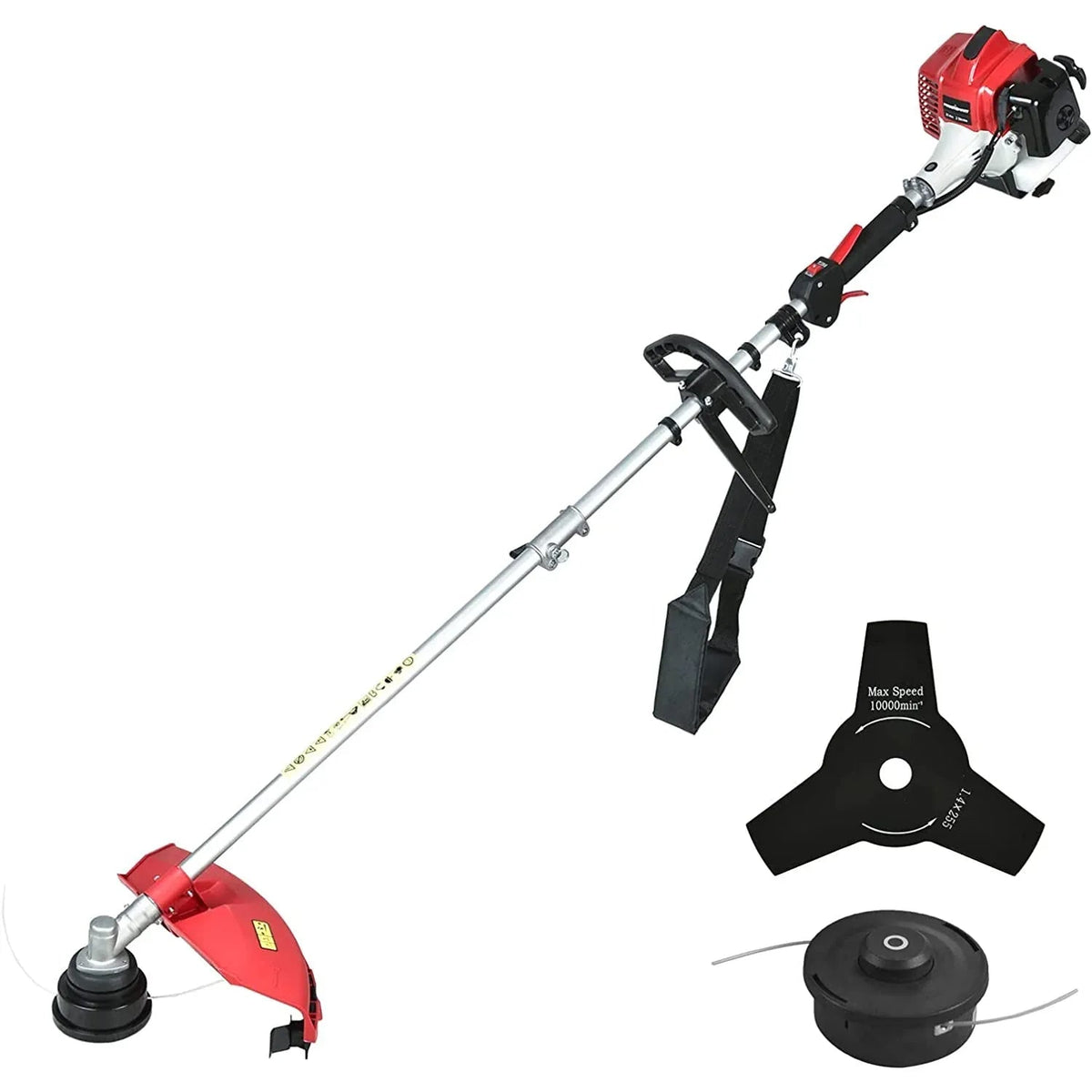 Side view of a 25.4cc gas-powered 16-inch string trimmer and edger with ergonomic handle.