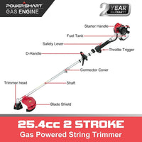 Close-up of the adjustable handlebar and straight shaft of the gas string trimmer.