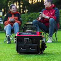 A compact portable generator with a red and black housing, featuring control panel and carrying handle.