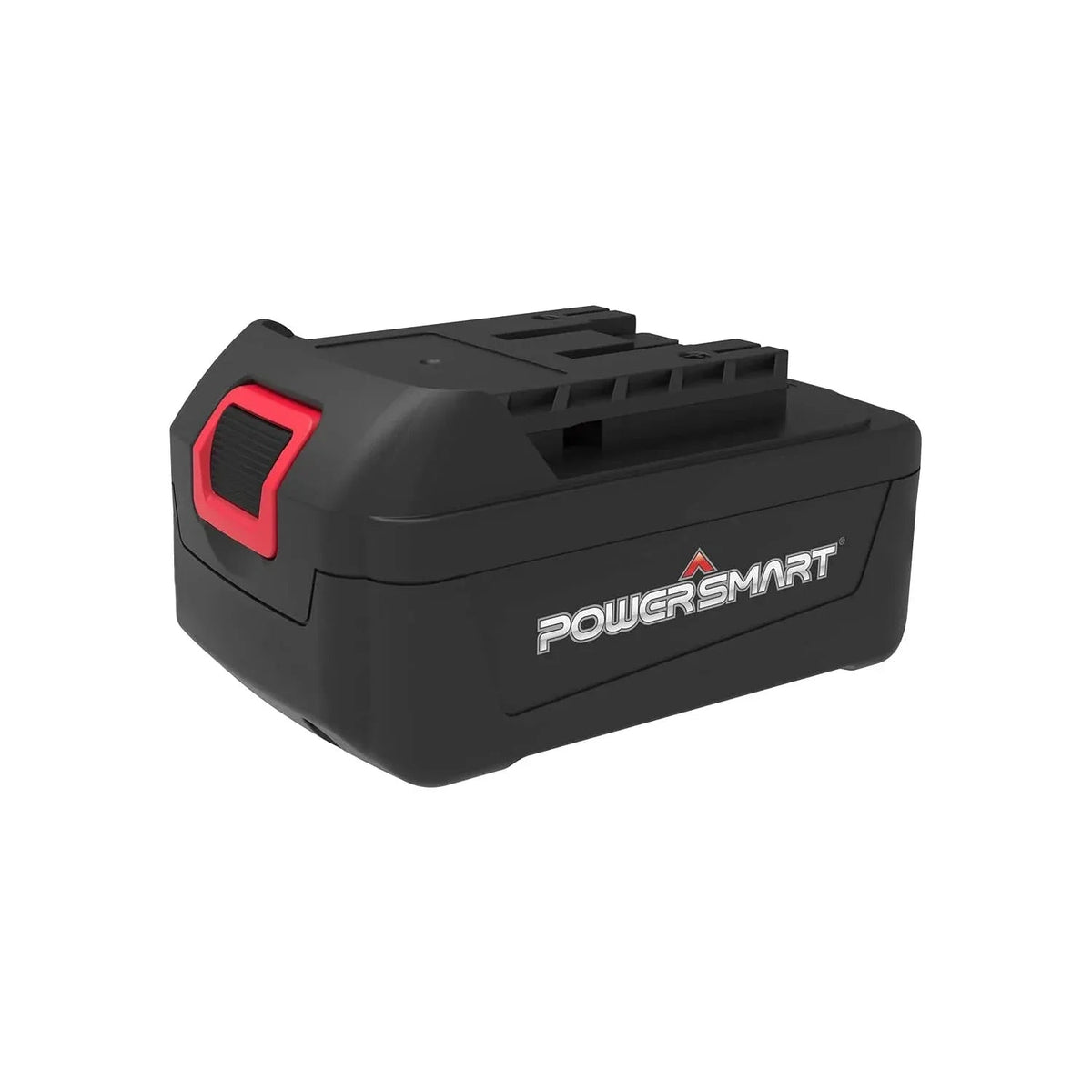 Close-up of a 20V 2.0Ah lithium-ion power tool battery in black casing