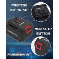 Side view of a black lithium-ion rechargeable battery for power tools with voltage label