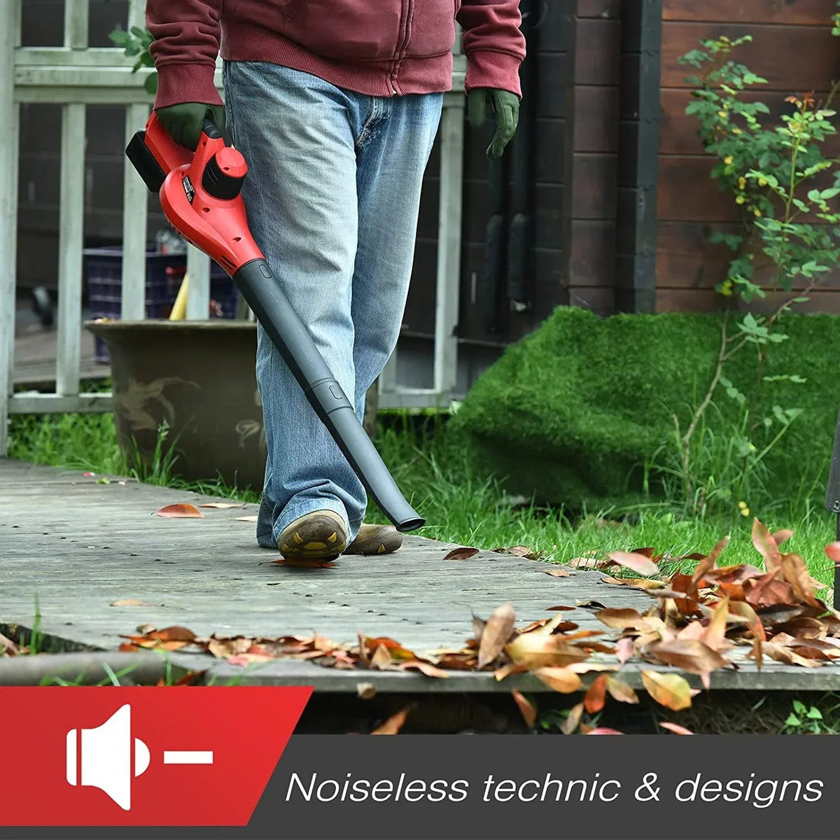 Two 20V rechargeable batteries positioned beside the cordless leaf blower on plain surface.
