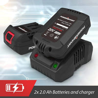 Fast charger unit with indicator lights displayed next to leaf blower batteries.