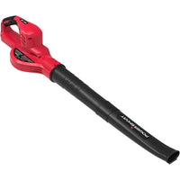 Leaf blower photographed from front showing nozzle and power button