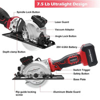 Cordless mini circular saw with battery and charger, featuring a compact design for precise, detailed cutting tasks.