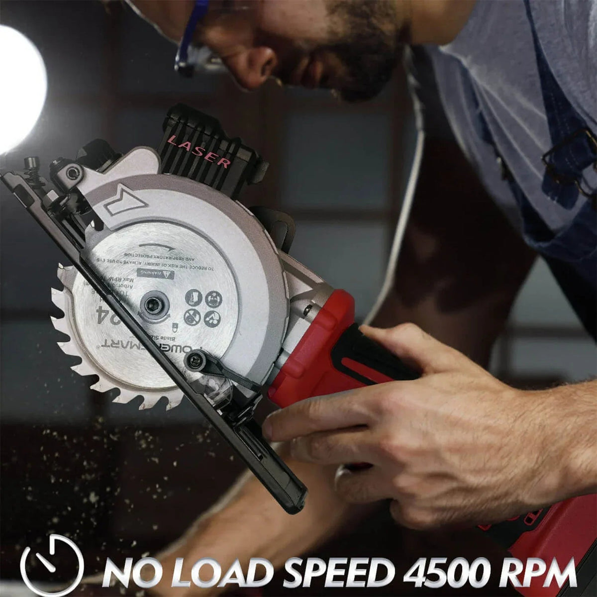 Cordless circular saw cutting through wood, demonstrating precision and control