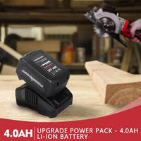 Side profile of cordless mini circular saw showing blade guard and sturdy base