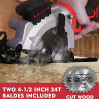 Mini circular saw held by hand cutting a wood plank for detailed trimming work