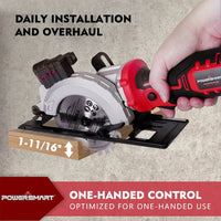 Cordless mini circular saw with battery and charger, featuring a compact design for precise, detailed cutting tasks.