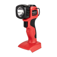 20V LED work light angled showing pivoting head with bright LED array on black and yellow body