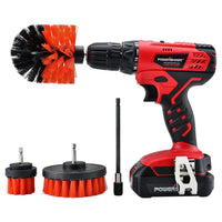 20V cordless drill driver with ergonomic black and orange handle resting on a white surface.