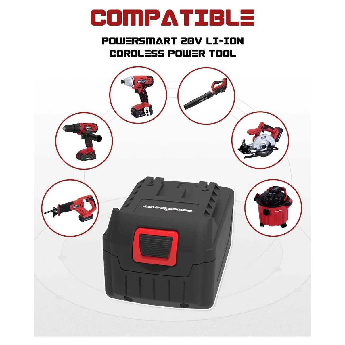 Side view of durable 20V lithium-ion battery with battery level indicator visible.