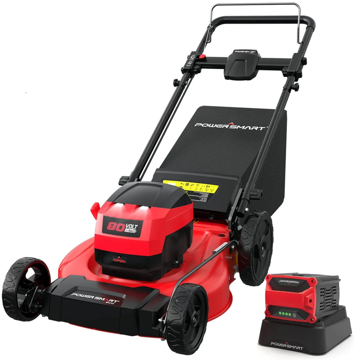 80V cordless 21-inch push lawn mower with steel deck displayed on grass.