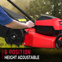 Store brand PowerSmart cordless lawn mower folded for compact storage.