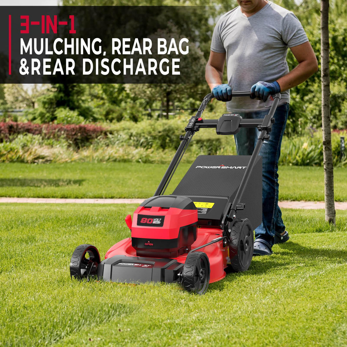 Rear view of lawn mower highlighting grass collection bag attachment.