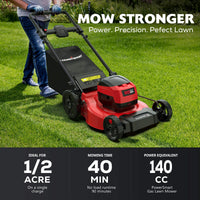 Cordless lawn mower cutting grass in a sunny backyard setting.