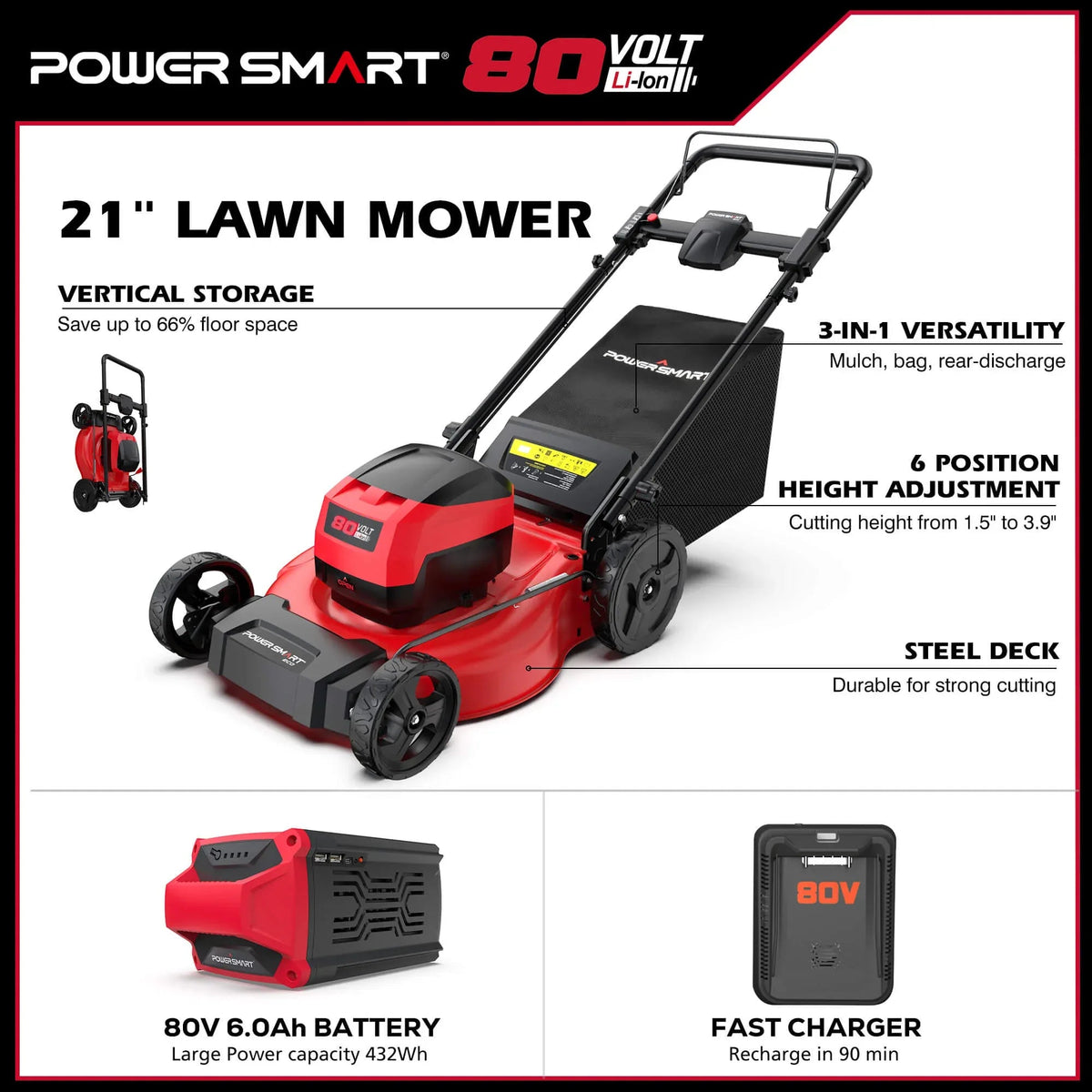 Lawn mower showing side view with durable brushless motor and steel body.