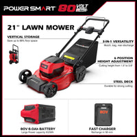 Lawn mower showing side view with durable brushless motor and steel body.