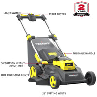 Specification chart highlighting features of cordless self-propelled lawn mower.