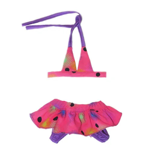 Violet Sidari bikini set with retro print, elastic straps, and velcro closures laid flat on white background.