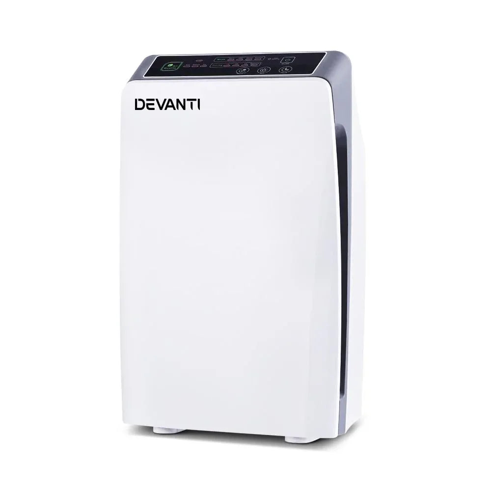 White Devanti air purifier showing front panel with LED air quality indicator lights.